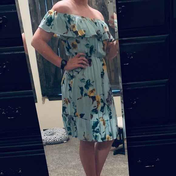 Aqua Floral off the shoulder Dress - Picture 4 of 4